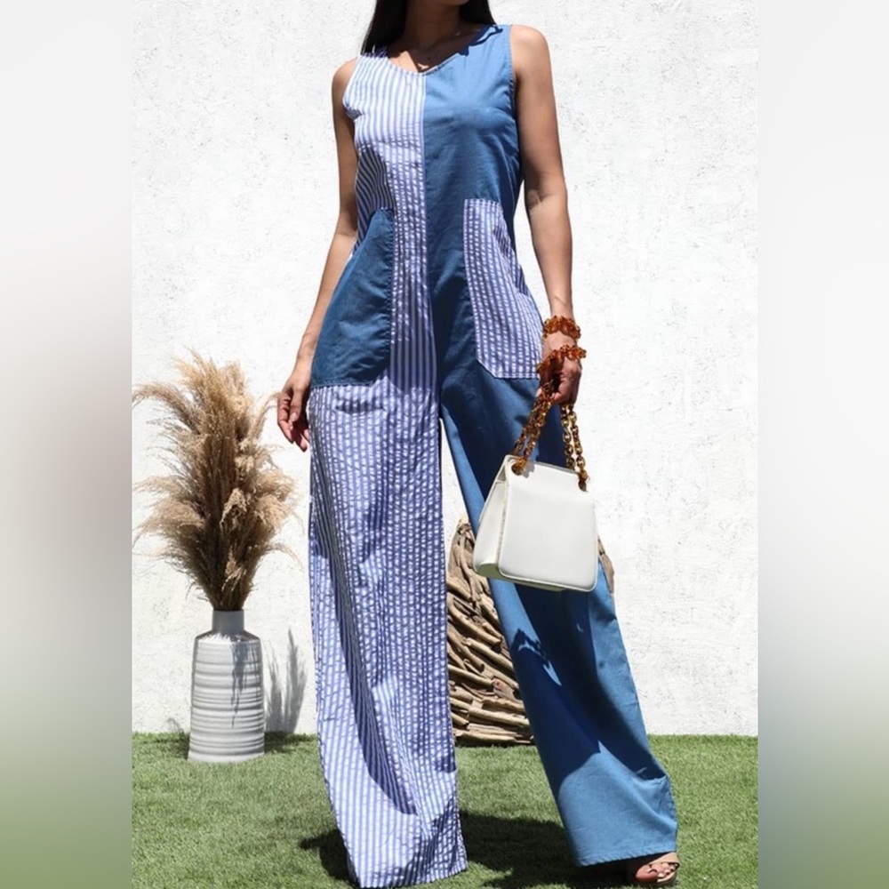Patchwork Blue Wide-Leg Jumpsuit